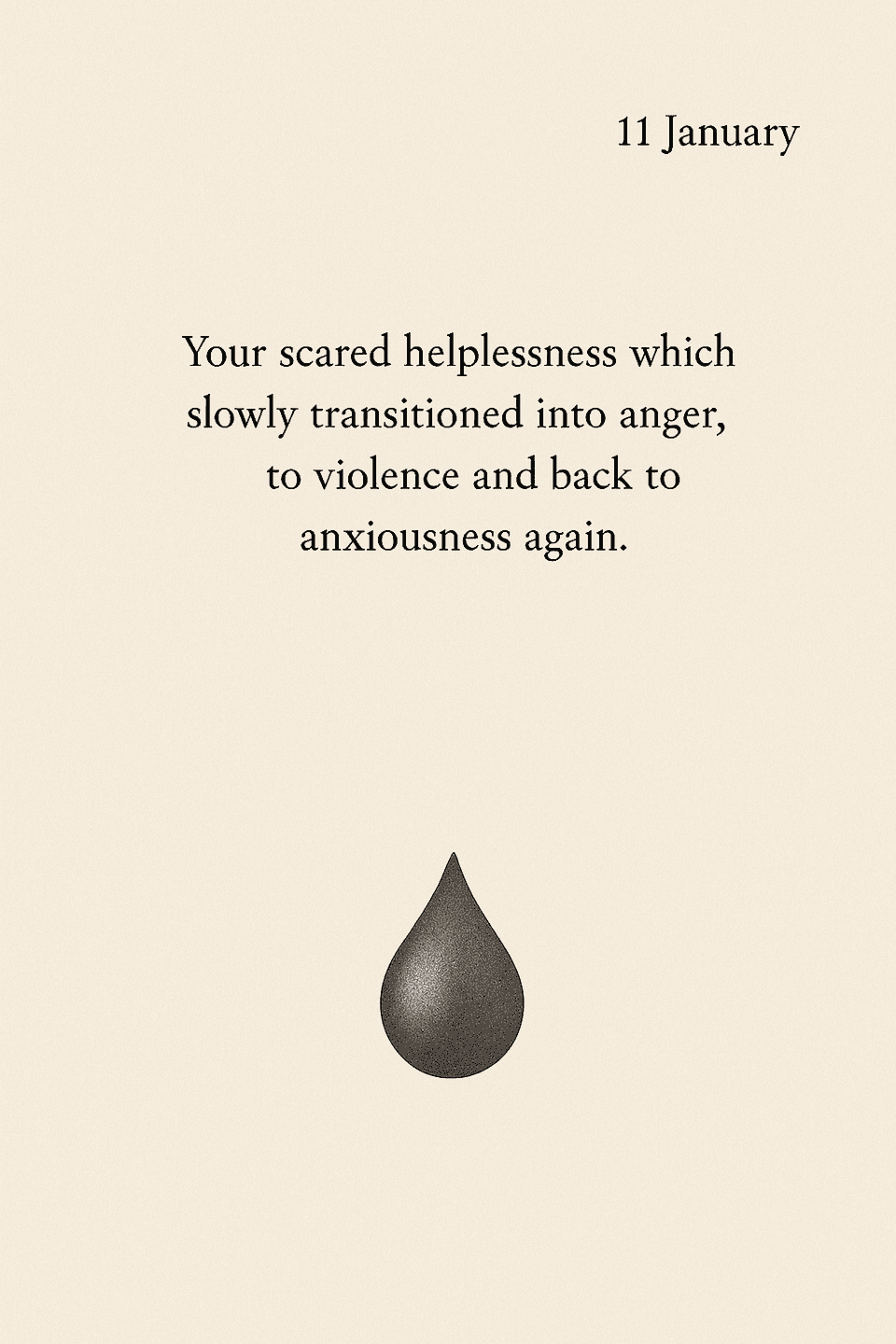 page of january 11th, a teardrop at the bottom to indicate a sad memory, and the text: Your scared helplessness which slowly transitioned into anger, to violence and back to anxiousness again.