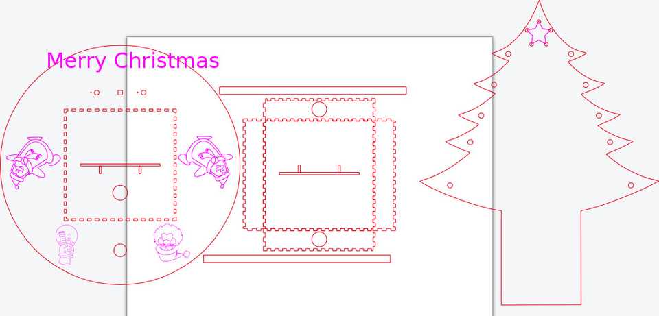 Designs for the laser cutter, from left to right: a circular base plate with snow characters. A foldable box cutout and a tree shape