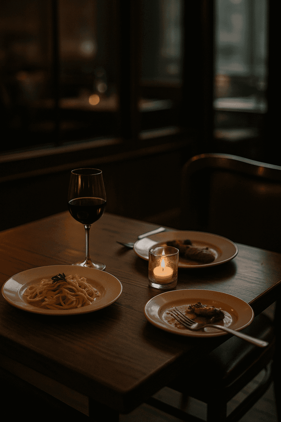 A softly lit restaurant table for two. One plate is untouched, the other half-eaten. A single candle flickers between them, hinting at absence and memory.