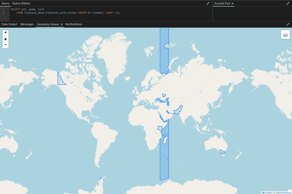 Picture of the Geometry Viewer in pgadmin showing various polygons of random timeszones. This case is especially interesting because it shows how weird certain timezone shapes can be.
