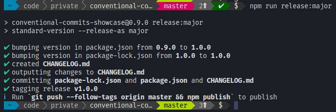 terminal output of npm run release:major